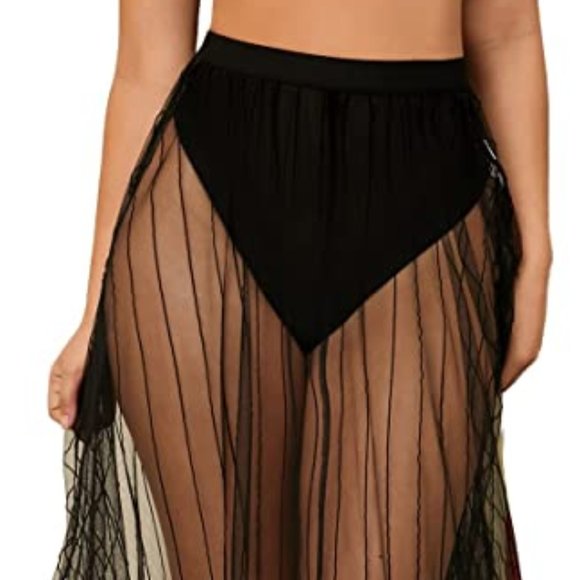 NWT Sheer Black Mesh High Waisted Beach Coverup Lingerie Maxi Floor Length Skirt - Picture 6 of 9